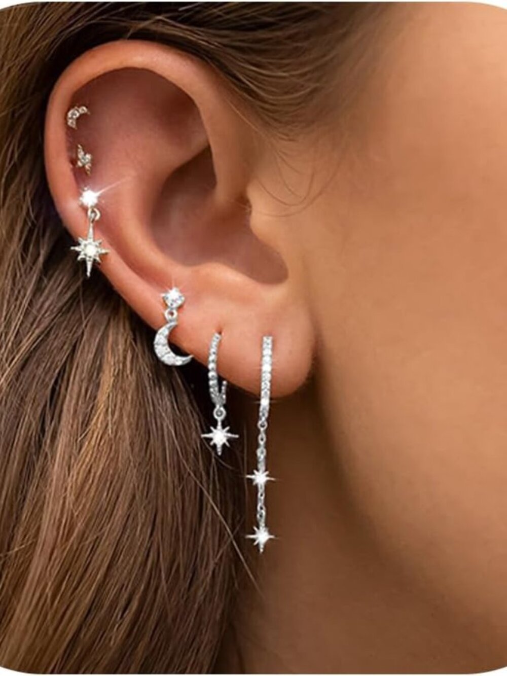 6 Pcs/6 Pairs Hypoallergenic Silver 14K Gold Plated Earrings for Women Moon Star